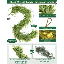 Real Touch Norfolk Pine Garland, 6 Ft by 10 Inch Christmas Garland with Lights Timer 120 Branch Tips Cedar Garland Realistic Soft Thickness Artificial Faux Greenery Garland for Home Table Mantle Stair