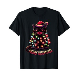 Merry Kissmyass Funny Black Cat Christmas Lights Santa Hat T-Shirt