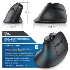 CSL - Vertikal Maus Bluetooth und Funk 2,4 GHz - Wireless kabellos Funk - vertikale Ausführung - ergonomisches Design - gegen Mausarm Tennisarm - Multimedia-Drehregler - PC Windows 11 Linux
