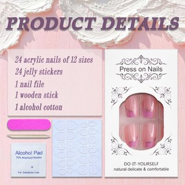 Pink Flower Press on Nails Medium Square False Nails with Floral Designs Pink White Glossy Reusable Acrylic Nails French Tip Fake Nails Full Cover Stick on Nails for Women Girls Nail Supplies 24Pcs