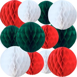 KUNYYI Red White and Green Paper Honeycomb Flower Balls-12 Pcs 6" 10" Tissue Pompoms Suitable for Birthdays Graduation Weddings and Christmas Theme Party Decoration