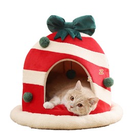 Cute Christmas Cat House Cat Beds Box Shaped Xmas Cat Dog Cave Bed Nest Removable Washable Warm Cat Condo Tents Cat Hideaways (Holiday)