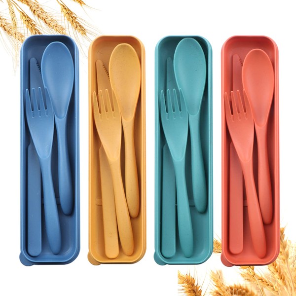Reusable Travel Utensils Set with Case, 4 Sets Wheat Straw Portable Plastic Fork Spoons Knife Camping Cutlery, Eco-Friendly BPA Free Lunch Tableware Travel Picnic Silverware for Kids Adults Daily Use