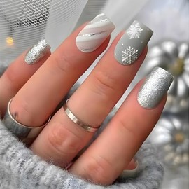 Medium Press on Nails Christmas Snowflake Fake Nails Square Acrylic Nails Winter False Nails with Glitter Design Silver White Artificial Nails Full Cover Glue on Nails Winter Stick on Nails for Women