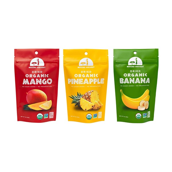 Mavuno Harvest Direct Trade Organic Dried Fruit Variety Pack, Mango, Pineapple, and Banana, 3 Count