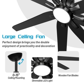 wurzee 72 inch Ceiling Fans, 3CCT LED Reversible DC Motor, Dimmable Timing 6 Speed, Modern Large Black Ceiling Fan with Light for Indoor Outdoor