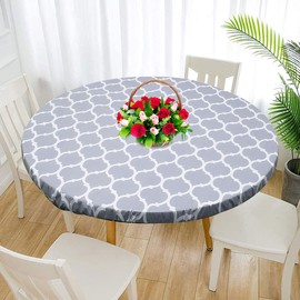 Round Table Protector Wipeable Circle Tablecloth Elastic Edged Fitted Table Cloth Flannel Backed Table Cover Waterproof Oilcloth PVC Tablecloth for Dinning Room Kitchen Picnic (Grey Stripe, 110-140cm)