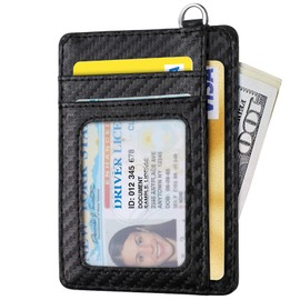 Slim Front Pocket Wallet RFID ID Card Holder Cute Small Wallet with Keychian for Women, Carbon Fiber, Slim