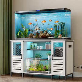 55-75 Gallon Fish Tank Stand with Power Outlets & LED Light, Heavy Duty Aquarium Stand with Adjustable Shelves, Turtle Reptile Terrarium Tank Stand with Cabinet, 1250LBS Capacity, White
