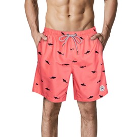 SURF CUZ Mens Swim Trunks 7" Swimming Trunks with Mesh Liner Quick Dry Swim Shorts for Men Swimwear Bathing Suits Pockets,Black Shark-Pink,M