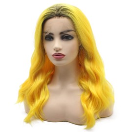 Peakia Shoulder Length Wavy Dark Roots Yellow Half Hand Tied Lace Front Wig Synthetic, Pink, 1.0 Count