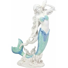 Ebros Gift Large Nautical Capiz Blue Tailed Mermaid Ariel by White Coral Rocks Statue Ocean Aquamarine Princess As Coastal Beach Under The Sea Decorative Accent (Listening to A Conch)