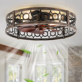 LEDIARY Caged Flush Mount Ceiling Fans with Lights, 23 Inch Farmhouse Low Profile Ceiling Fan with Remote, Small Bladeless Fan Lights Ceiling Fixtures for Bedroom, Kitchen- Black and Gold