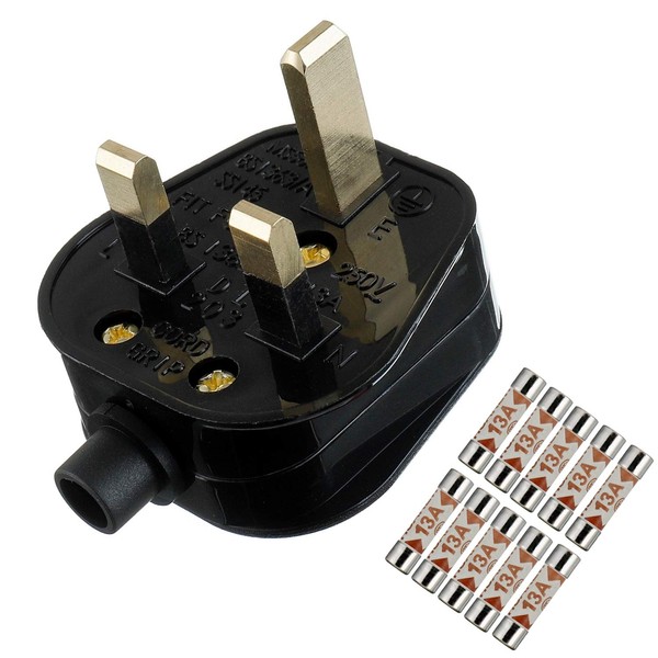 HUAREW 13A Fused Mains Plug With Cord Grip For UK Fuses Black (Pack of 1 pcs ）