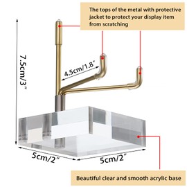 BTSKY Small Size Adjustable Golden Metal Arm Display Stand Easel with Square Acrylic Base, Display Holder for Geodes Rock Mineral Agate Fossil Coral Coin