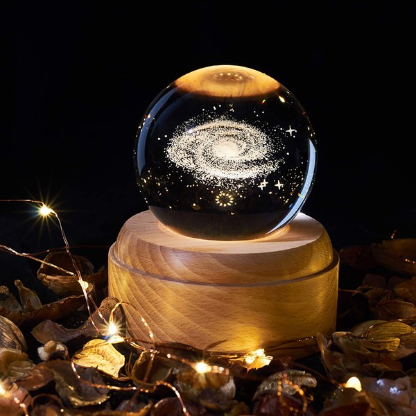 Ourleeme Crystal Ball Music Box, Crystal Ball Music Box with Night Light Wooden Base LED Projection for Christmas Birthday Thanksgiving Gift (Galaxy)