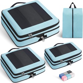 Prezon Large Compression Packing Cubes, Full Open Visible Design， Expandable Packing Organizer with Travel Shoe Bag for Suitcase & Backpack, 4 Set Lightweight Travel Bags for Vacation & Camping