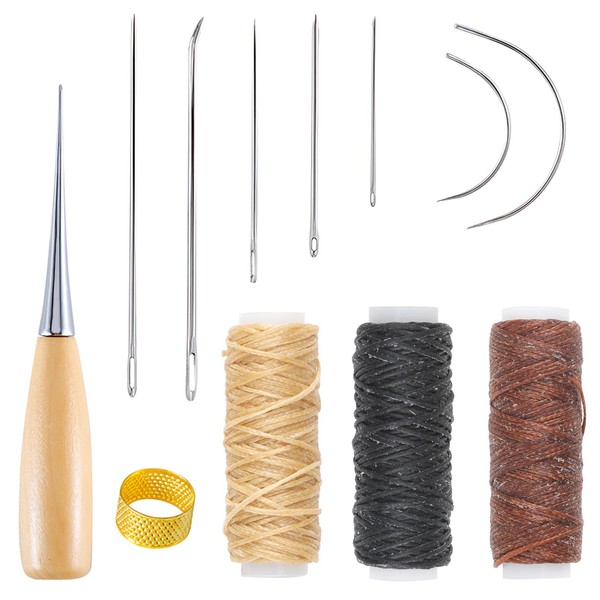 12PCS Leather Needles Hand Sewing, 12m Sewing Thread Cord Drilling Awl Thimble Repair Upholstery Curved Needle for Carpet Furs Canvas Leather Sofas Wallets Bags DIY Stitching Embroidery Bookbinding