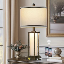 luxeflow 27in Tall Farmhouse Table Lamp with USB C+A & Outlet,Bronze Industrial End Table Lamp for Living Room,Vintage Rustic Bedside Lamp with Night Light for Bedroom Nightstand,Single Bronze