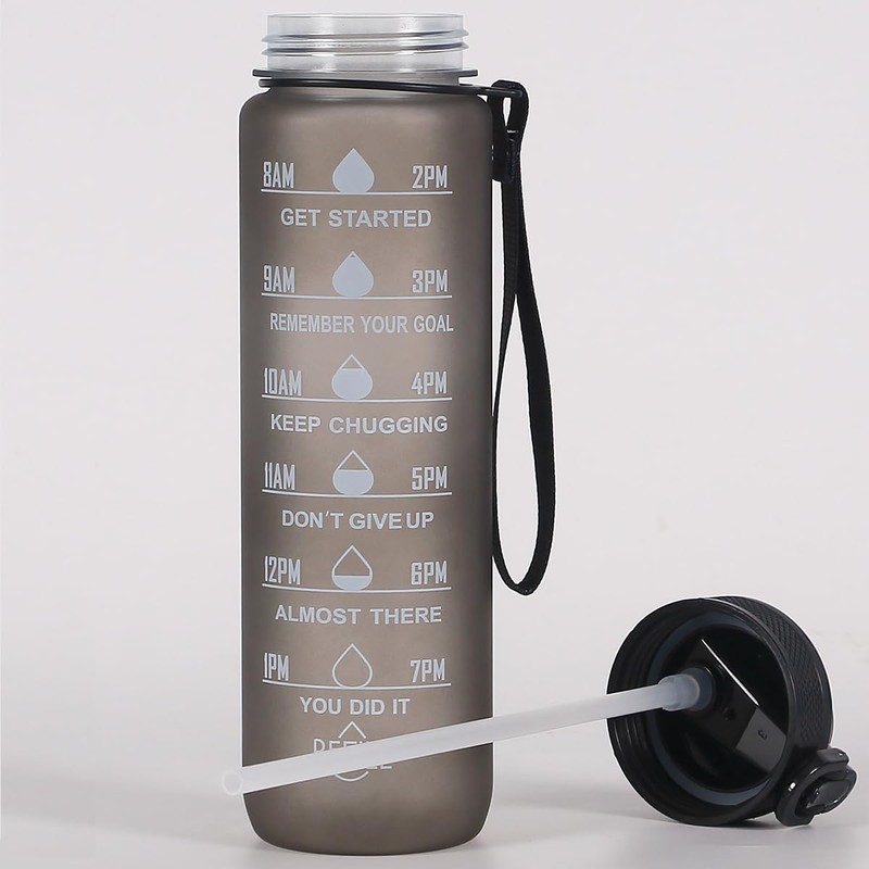 Motivational Time Marked Water Bottle with Straw and strap, 1L,