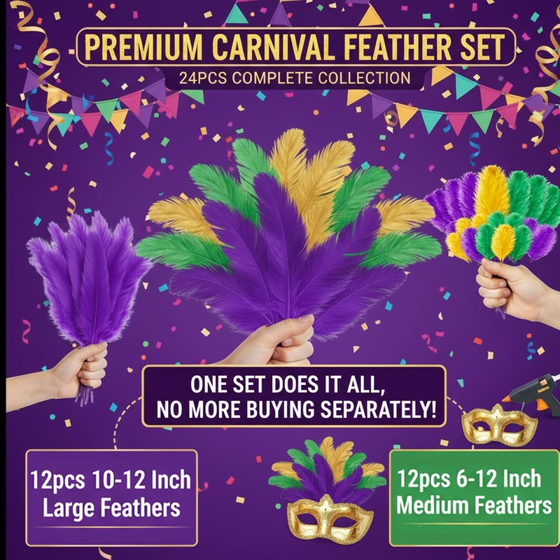 24 Pcs Carnival Feathers Bulk, Gold Green Purple Ostrich Feathers