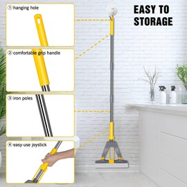 Nolopau Sponge Mop with Self-Squeeze Feature, Stainless Steel Handle, 3 PVA Absorbent Mop Head Refills, Ideal for Home & Commercial Use on Tile, Floor, Bathroom & Garage