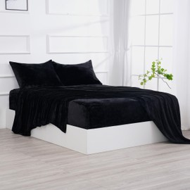 Micro Fleece Bed Sheet Set Queen Size Black - Ultra-Soft Velvet Plush Queen Bed Sheets with Deep Pockets,No Pilling,Cozy Warmth for All Season - 4 Piece Set Bedding Sheets & Pillowcases