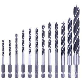 NordWolf 12-Piece Brad Point Wood Drill Bit Set for Carpenter Woodworking, Double Flutes Design with 1/4" Hex Shank, SAE Sizes 1/8" to 1/2"