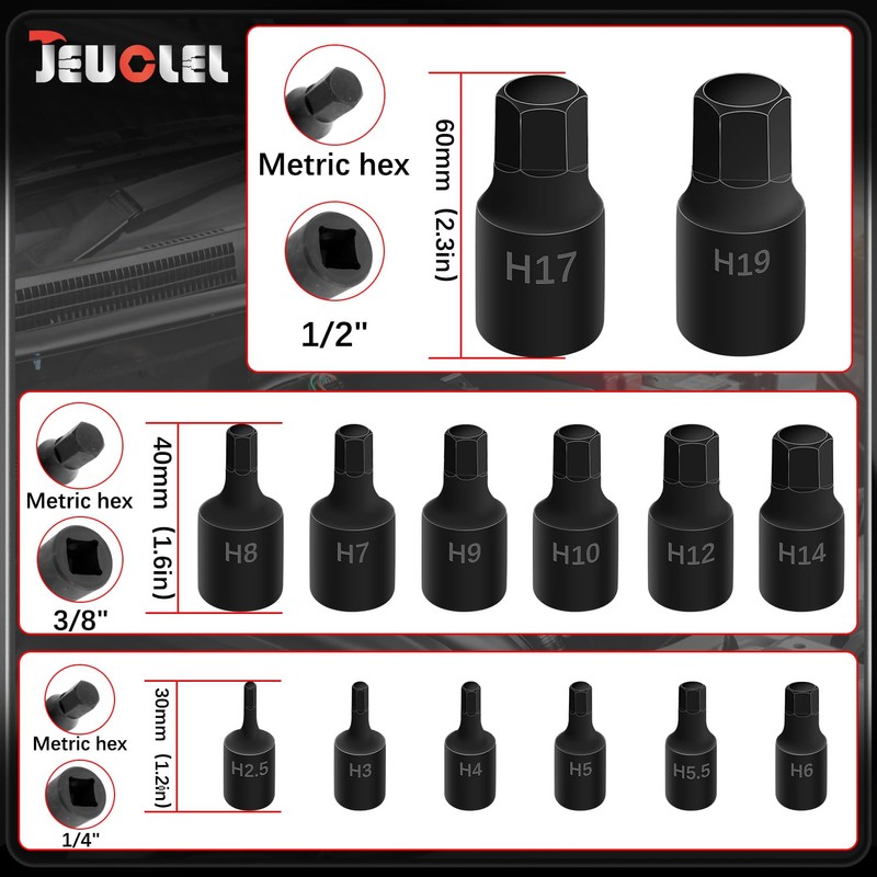 JEUCLEL 14Pcs Impact Grade Allen Bit Socket Set, Metric Hex