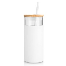Tronco 20 oz Glass Tumbler with Lid and Straw, Iced Coffee Cup and Smoothie Cup with Bamboo Lids & Protective Silicone Sleeve, Dishwasher Safe, BPA-Free, Glass Cup 1 Pack