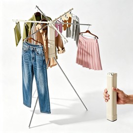 Foldable Tripod Clothes Drying Rack - 6 Clothes Arms & 12 Underwear Clips & 12 Hanging Points & Stainless Steel Legs/Clothes Rods, Portable Clothing Airer for Suitcase RV Balcony Camping