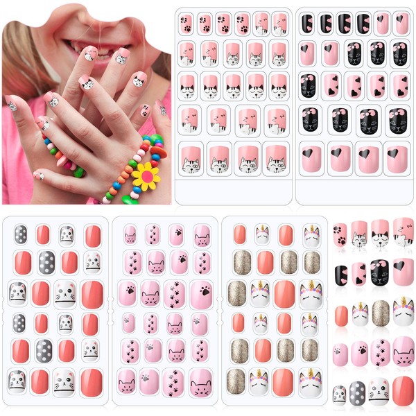 Pack of 120 Girls Print Nails Fake Nails Artificial Nail Tips for Children Full Cover Short False Nails for Girls Children Nail Art Decoration (Nice Theme)