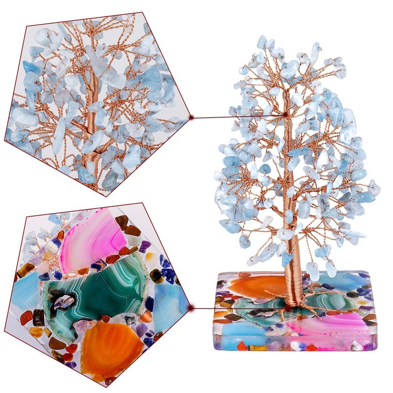 KYEYGWO Aquamarine Crystal Tree with Agate Slices Resin Base Reiki