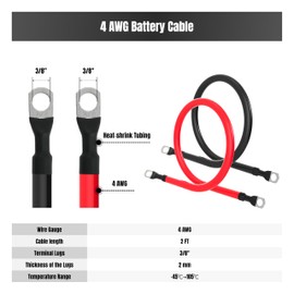 TUELETFU 2FT 4 AWG Battery Cable 4 Gauge Battery Cables 4AWG 2 FT Battery Inverter Wires Cables with 3/8 inch Lugs for Solar Power Inverters, RVs, Campers, Travel Trailers, Cars, 2 Pairs