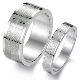 Fashion Month Mens Womens Stainless Steel Vintage Silver Couple Ring Spanish Bible Lords Prayer Cross White Gold Band (The Women's Ring, 9)