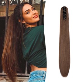 Gairyan Clip in Ponytail Hair Extensions 24 inch Ponytail Extension Long Straight Pony Tails Claw on Ponytail Synthetic Hairpieces for Women Soft Natural Look (Dark Brown & Light Auburn)