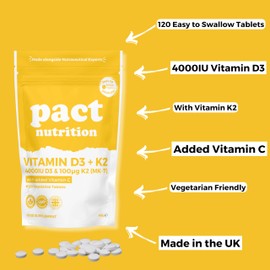Vitamin D3 4000IU & Vitamin K2 MK7 100μg with Vitamin C - Vitamin D3 K2 High Strength VIT D Supplement - 120 Vegetarian Tablets - Easy to Swallow, High Strength One Per Day Formula - Pact Nutrition