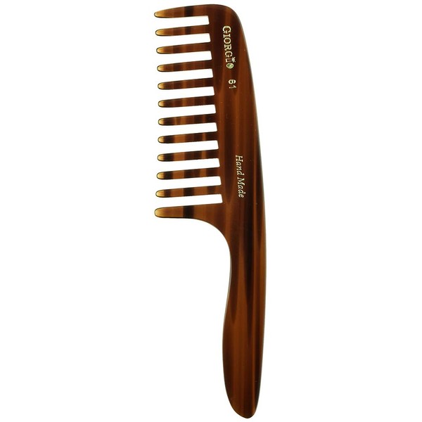 Giorgio G61 7" Hand Made Tortoise Long Detangling Comb - Wide Teeth. Flexible. Comb. Hand-Made of quality Durable Cellulose, Saw-cut and Hand Polished.