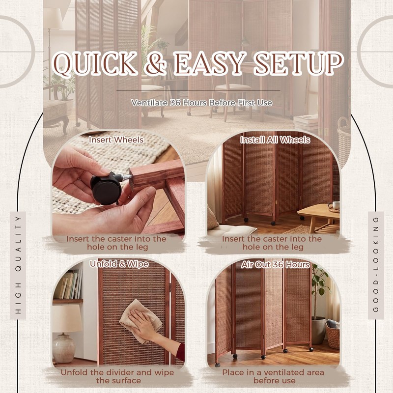 Yoojahow 4 Panel Rolling Bamboo Short Room Divider with Wheels,