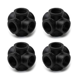 1" Black 6-Way Side Outlet Tee, Home TZH Malleable iron Pipe Fittings for Industrial vintage style, Flanges with Threaded Hole for DIY Project/Furniture/Shelving Decoration (4, 1"(Black Painted))