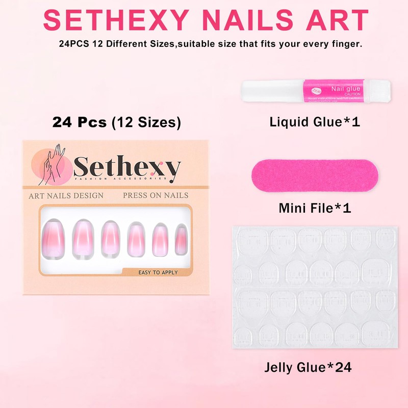 Sethexy Nude Pink Colour Gradient False Nails Medium Ballerina Pressed