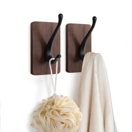 JCHOUS Towel Hooks, Adhesive Wall Hooks for Hanging, 2 Packs Wood Towel Hooks for Bathroom, RV, Kitchen, Closets, etc (Walnut - Black, 2 Pack)