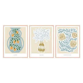 CILFFVI Framed Wall Art Set of 3, 12"x16" Minimalist Floral Prints, Modern Botanical Artwork for Living Room, Bedroom, Office, Neutral Beige and Green, Ready to Hang