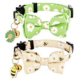 YBEATY 2 Pack Breakaway Cat Collar Adjustable Safety Cute Bow Tie Bell Supplies Daisy Flower Bee Cat Collars Soft Fancy Cotton Kitty Kitten Accessories for Male Female Male Girl Boy Cats