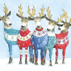 GBCC The Almanac Gallery Pack of 6 Artistic Charity Xmas Cards - 'Reindeer Knits' - 6 Cards of 1 Illustrated Design - From The Great British Card, white, red, blue, brown, yellow, 141 x 141 mm