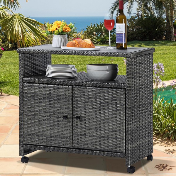 STRPRETTY BASIC Outdoor Wicker Storage Cabinet - Patio Bar Table