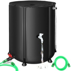 53 Gallon Collapsible Rain Barrel, SKM Portable Rain Water Collection Barrel for Garden/Outside/Lawn, PVC Rainwater Collection System Water Tank Storage Container with Spigots & Overflow Kit, Black