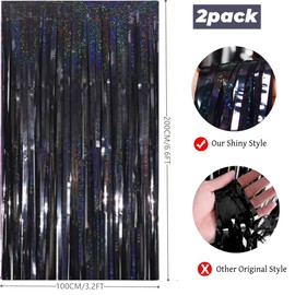 Black Halloweens Party Foil Fringe Curtains - 2 Pack Metallic Tinsel Photo Booth Streamers Backdrop for Birthdays, Stranger Theme, Music, Prom, Christmas Party Decorations