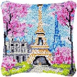 Latch Hook Pillowcase Kits Eiffel Tower Blossom Latch Hook kit Cushion Throw Pillow Embroidery Craft Kits for Beginner DIY Latch Hook Rug Kit with Printed Canvas Hobby & Craft 43x43cm