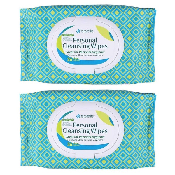 Epielle Personal Cleansing Wipes with Natural Ingredients - Flushable Wipes Tissues Towelettes Travel Size, Daily Use, Gentle - 36ct (Sheets) per pack, Total 2 packs Toilet Paper Replacement